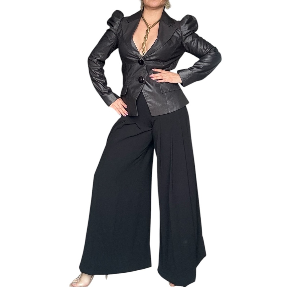 Only - Black Faux Leather Blazer Puff Shoulder Structured Small - Picture 2 of 10